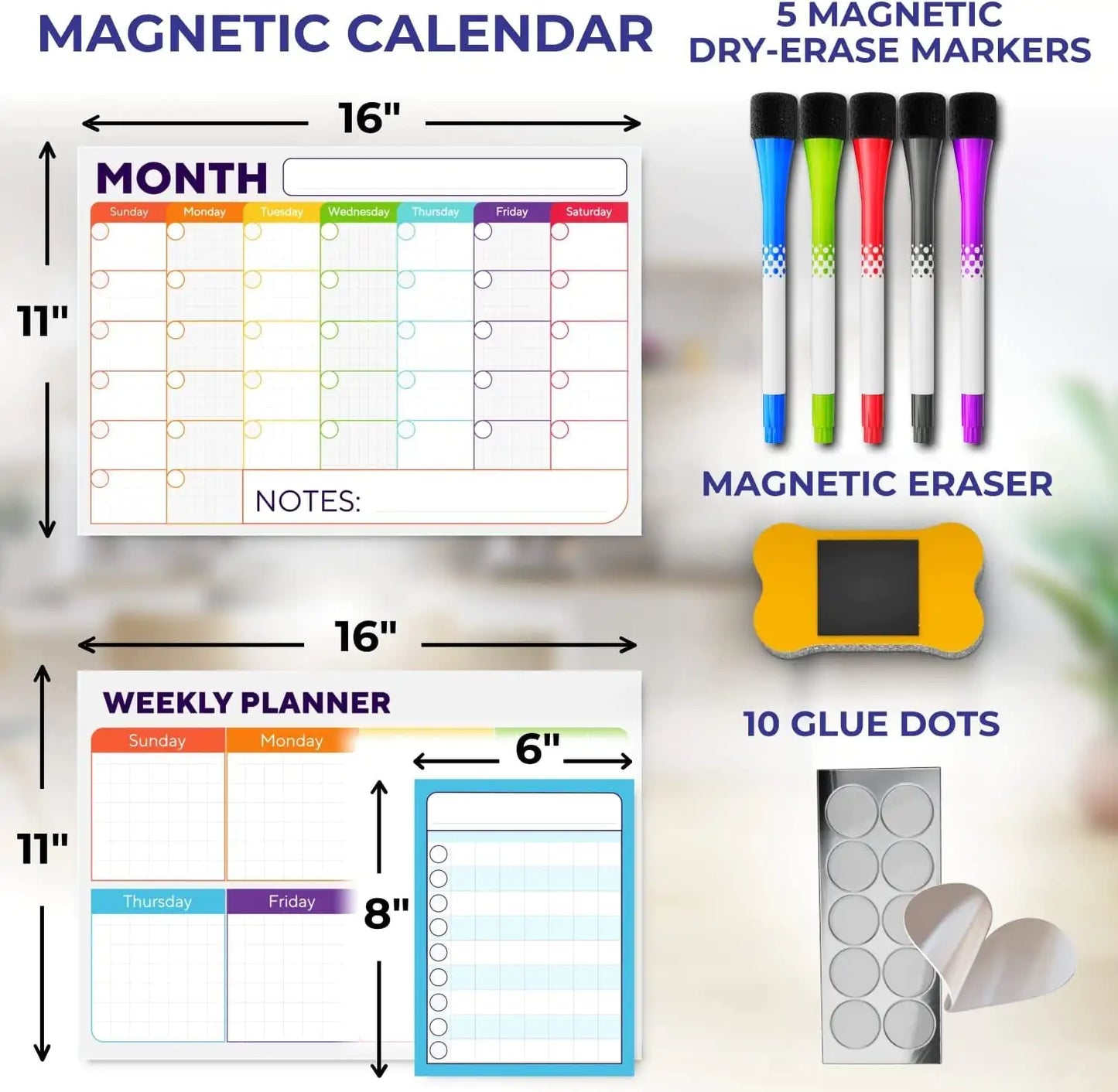 Beautiful Dry Erase Calendar Set of 3 - Magnetic Calendar for Refrigerator